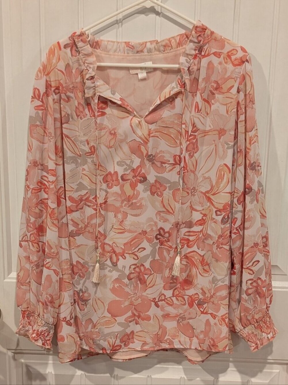 Lightweight Floral Peasant Blouse in Coral & Cream